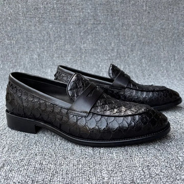 Black Textured Leather Loafers